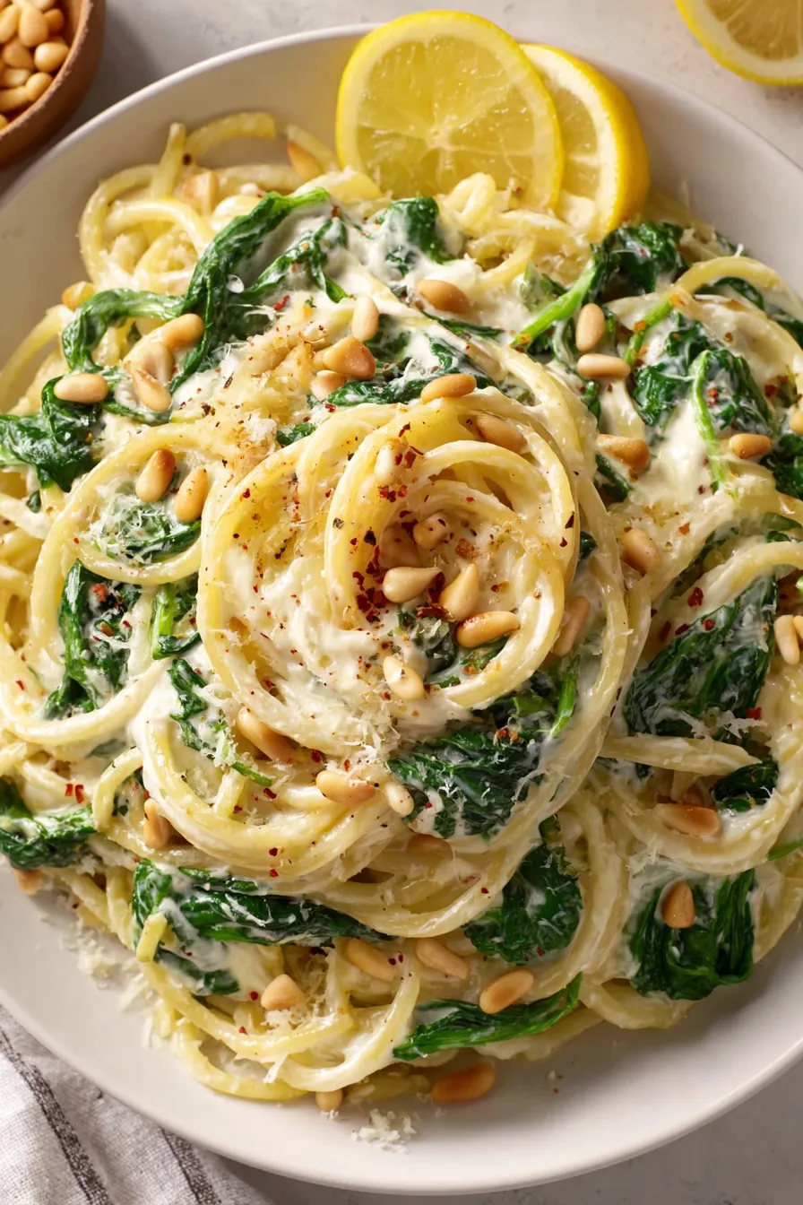 Close-up of lemon ricotta sauce coating pasta