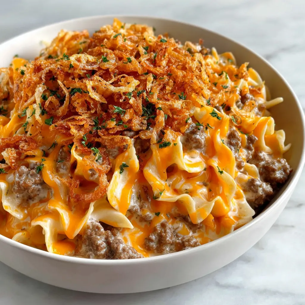 Cheesy Beef and Noodle Casserole with Crispy French Onions