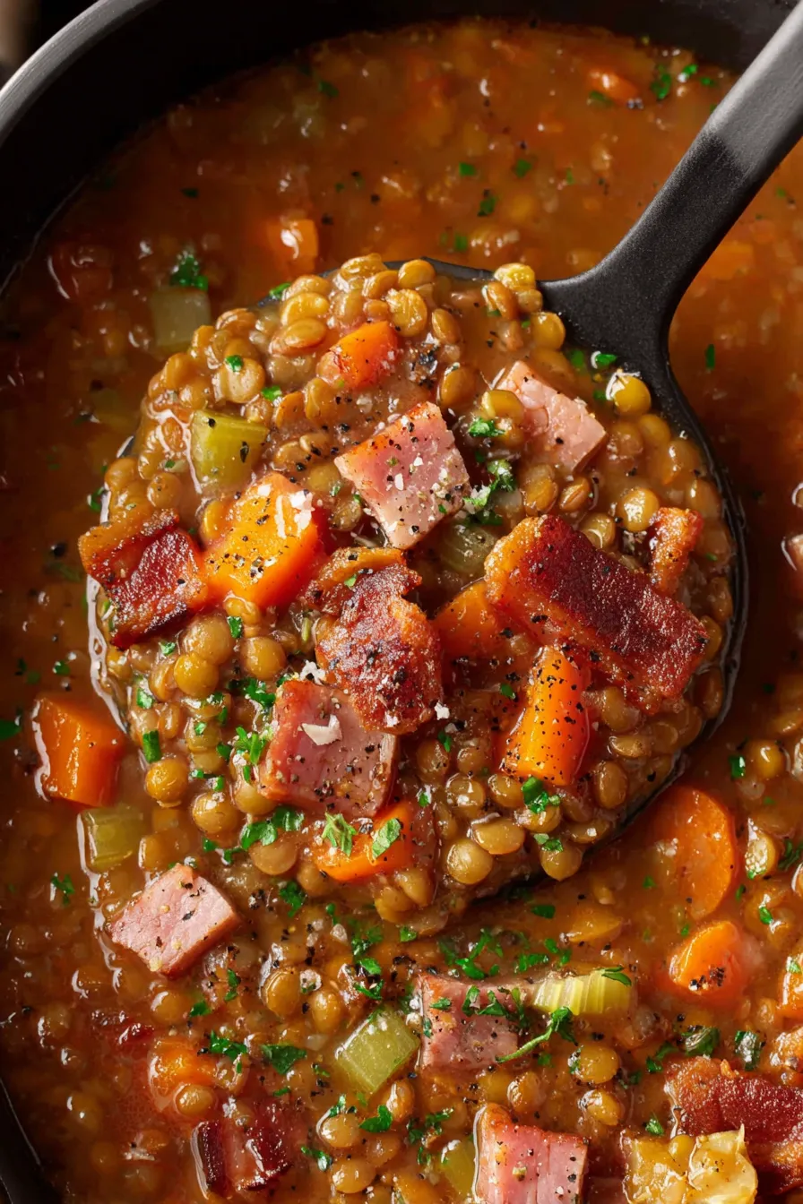 Bowl of ham and lentil soup with bacon