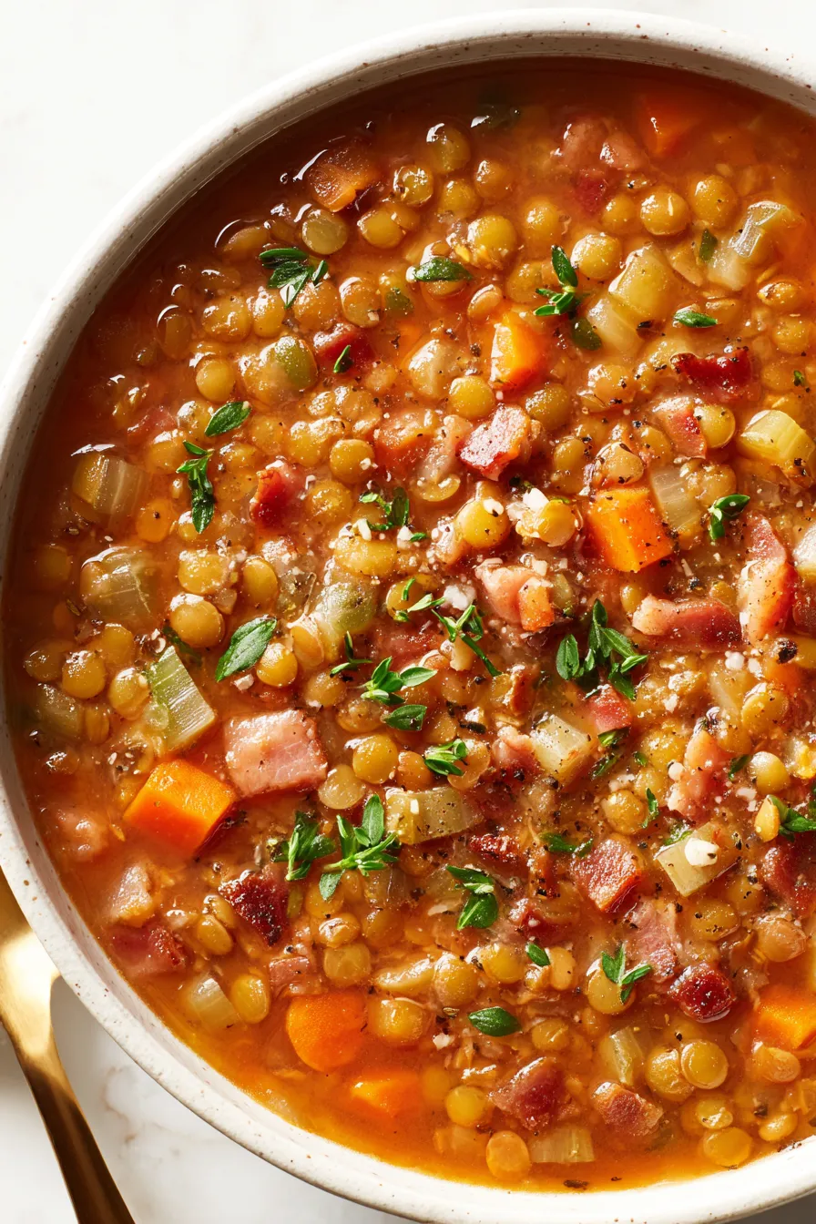 Preparing ingredients for ham and lentil soup