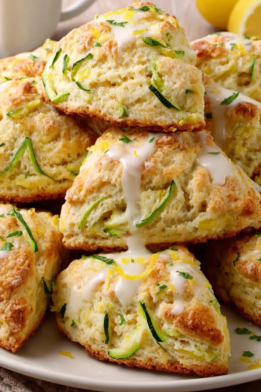 Fresh baked lemon zucchini scones on a parchment-lined tray
