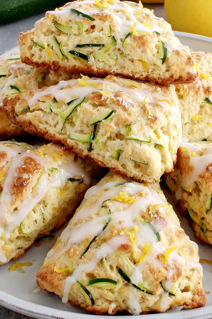 A plate of glazed lemon zucchini scones with fresh lemon wedges