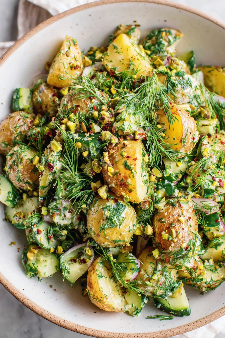 Roasted potato salad with herbs and pistachios on a white serving bowl