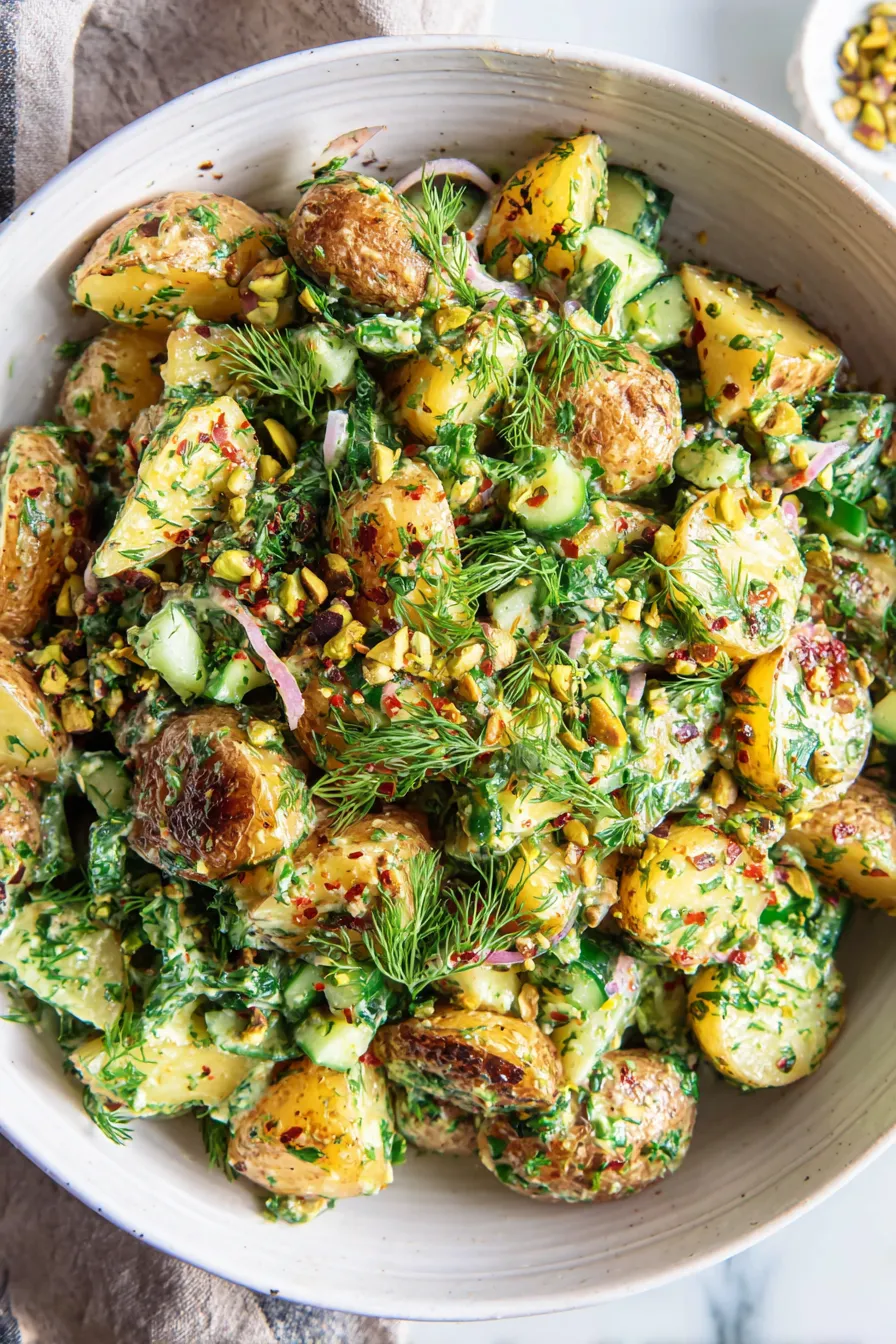 Close up of dressed roasted potato pieces with herbs