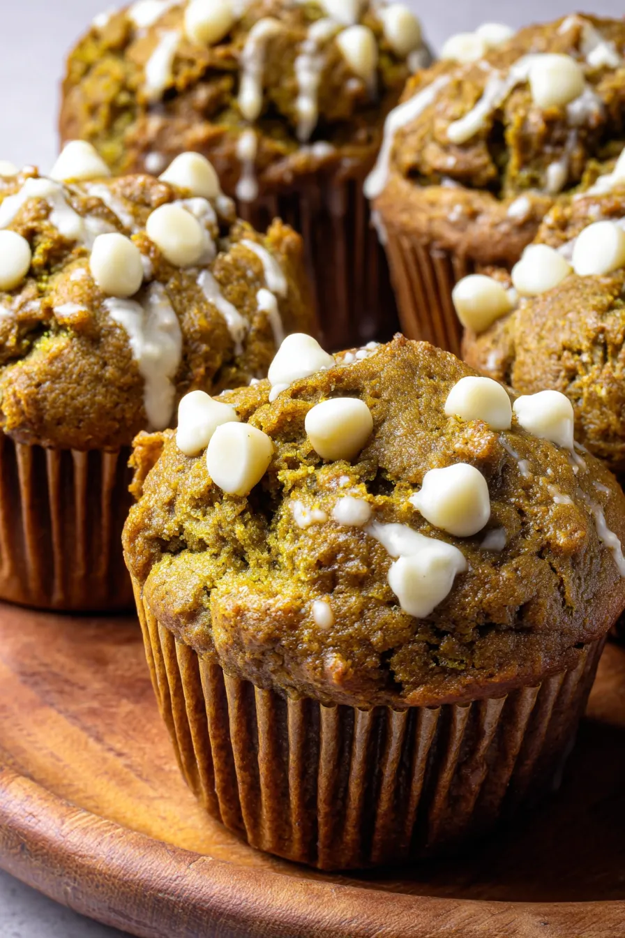 Close-up of matcha white chocolate pumpkin muffins cooling on a rack