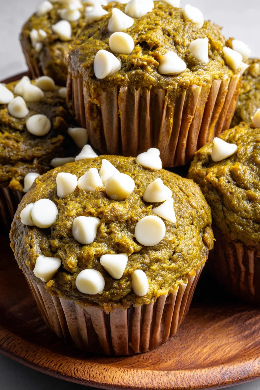 Tray of freshly baked muffins with a green matcha hue