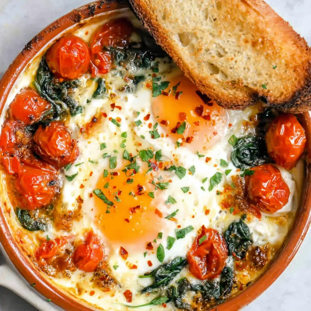 Baked Feta Eggs with Cherry Tomatoes and Spinach