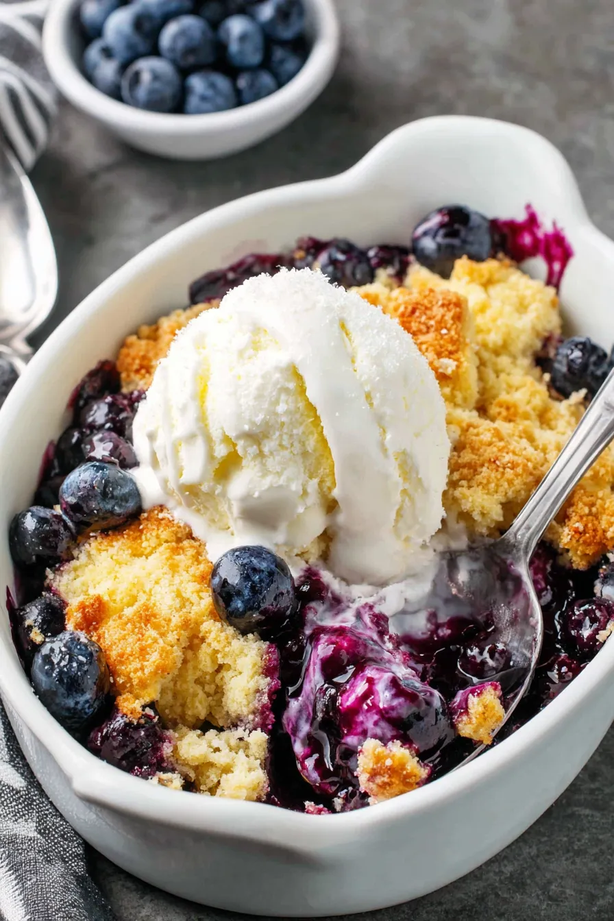 Fresh blueberry cobbler bubbling in a baking dish