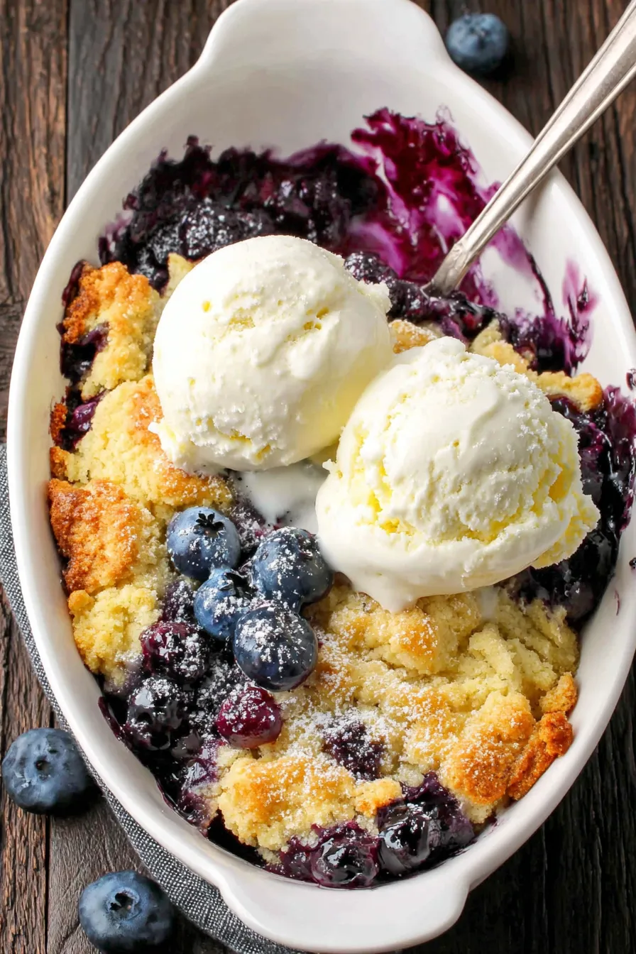 Slice of blueberry cobbler topped with vanilla ice cream