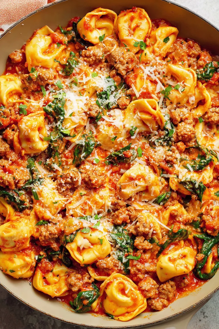 Finished tortellini and sausage skillet topped with melted mozzarella