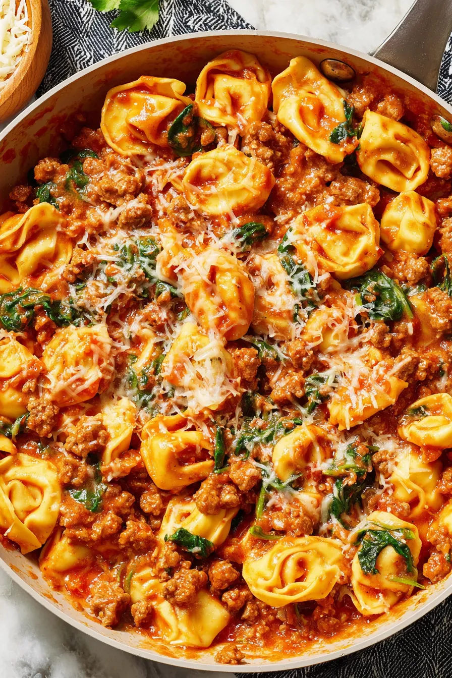 Cheese tortellini and sausage prep in skillet