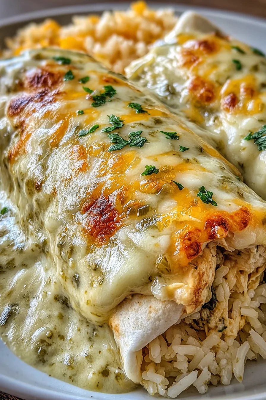 Smoked chicken green chile burrito in skillet