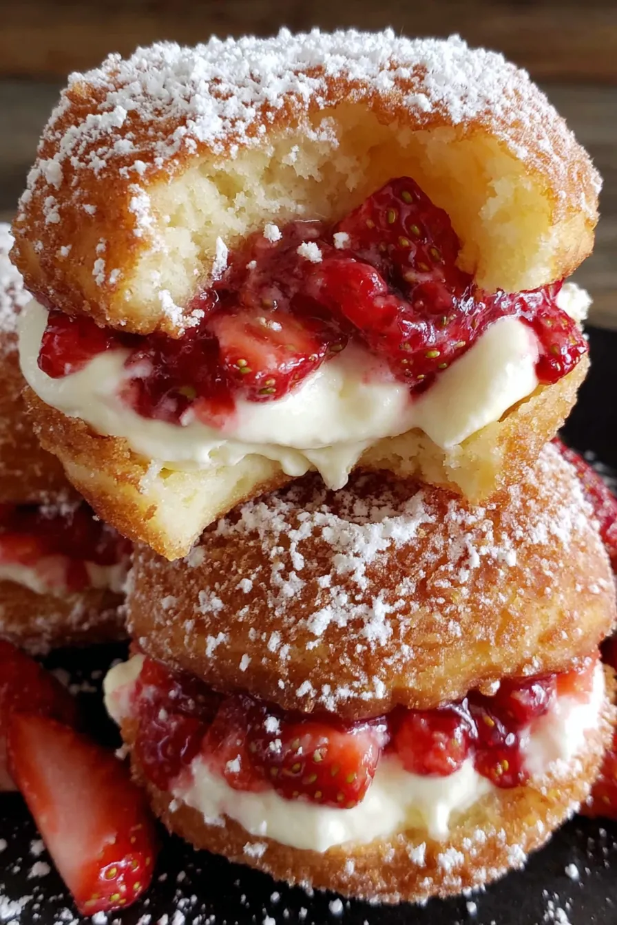 Strawberry Cheesecake Stuffed Donut frying and cooling