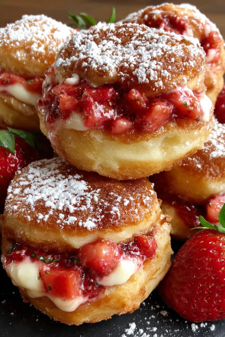 Close-up of filled strawberry cheesecake donut