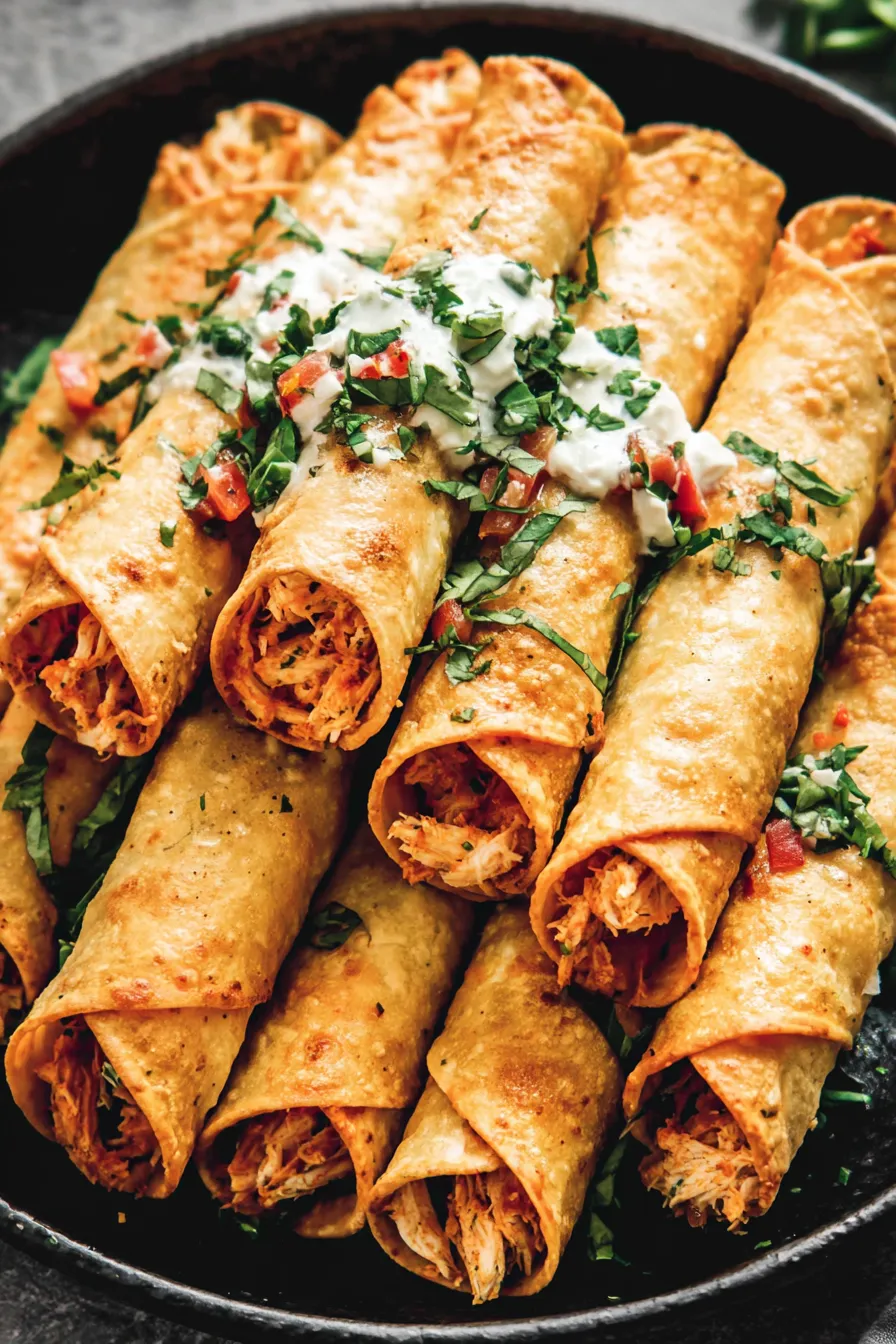 Rolled chicken taquitos on parchment