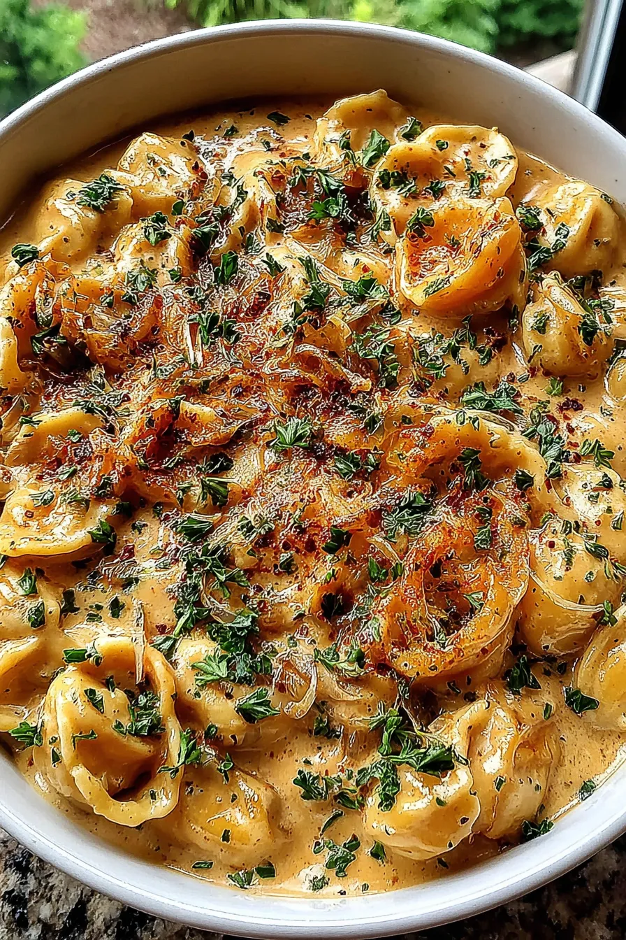 Caramelized onions and creamy pasta in Dutch oven