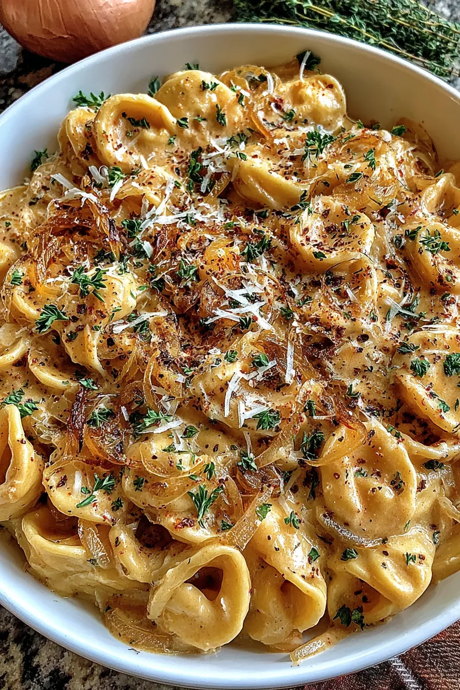 Finished creamy pasta served with parsley garnish
