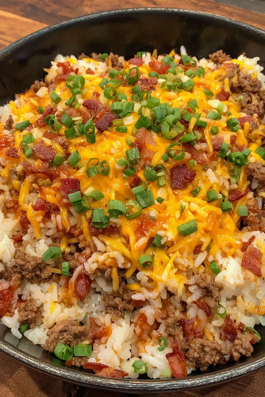 Skillet of bacon cheeseburger rice, bubbling with melted cheddar