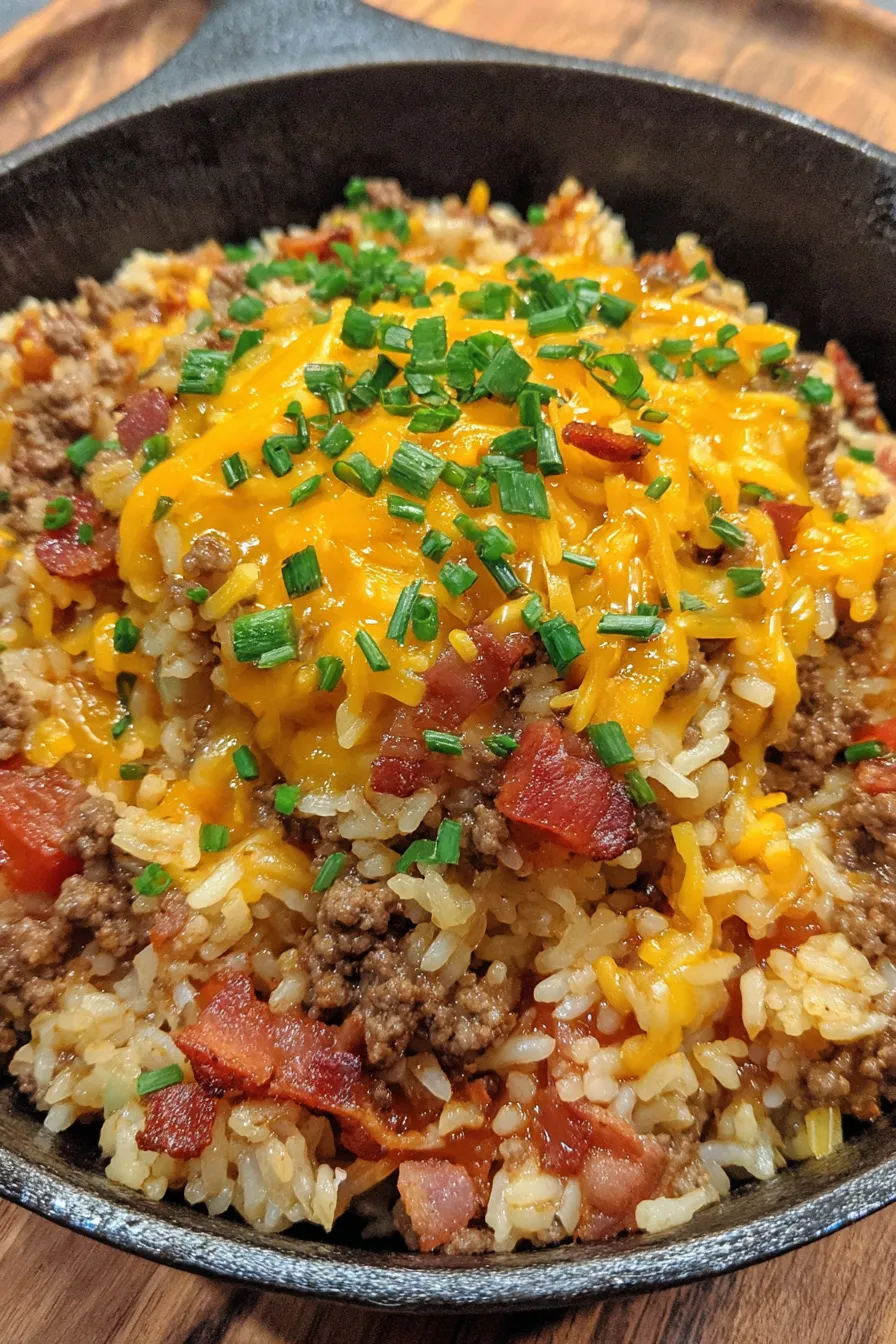 Close-up of cheesy rice with bacon bits and chopped parsley