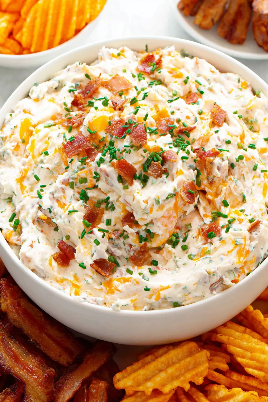 Bowl of loaded baked potato dip with fries
