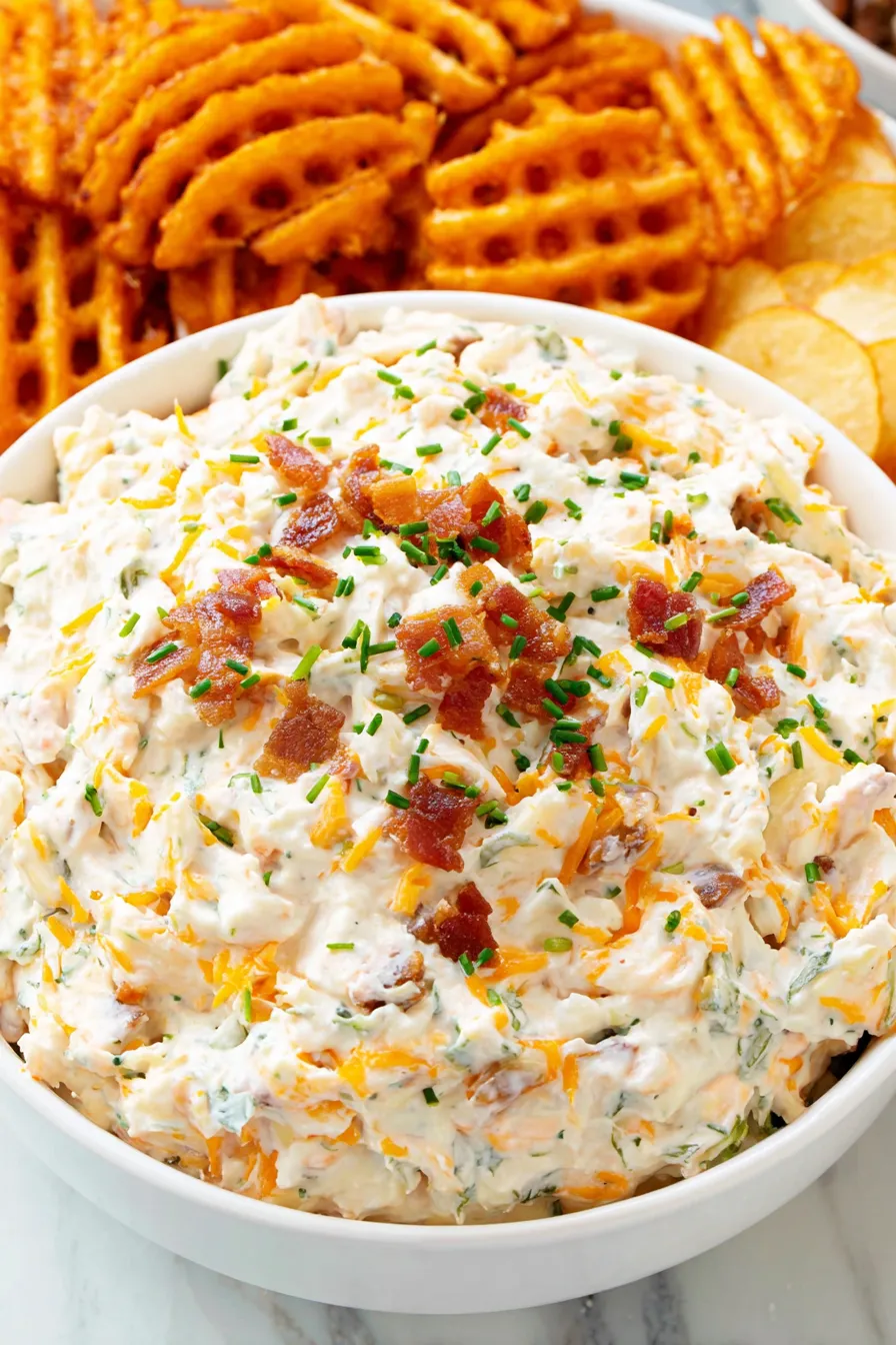 Close-up of dip topped with chives and bacon