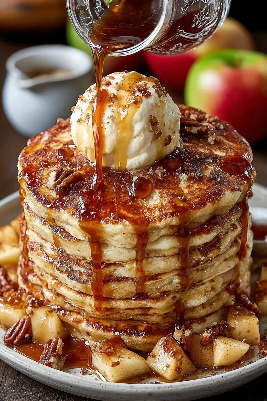 Stack of apple pie pancakes with syrup