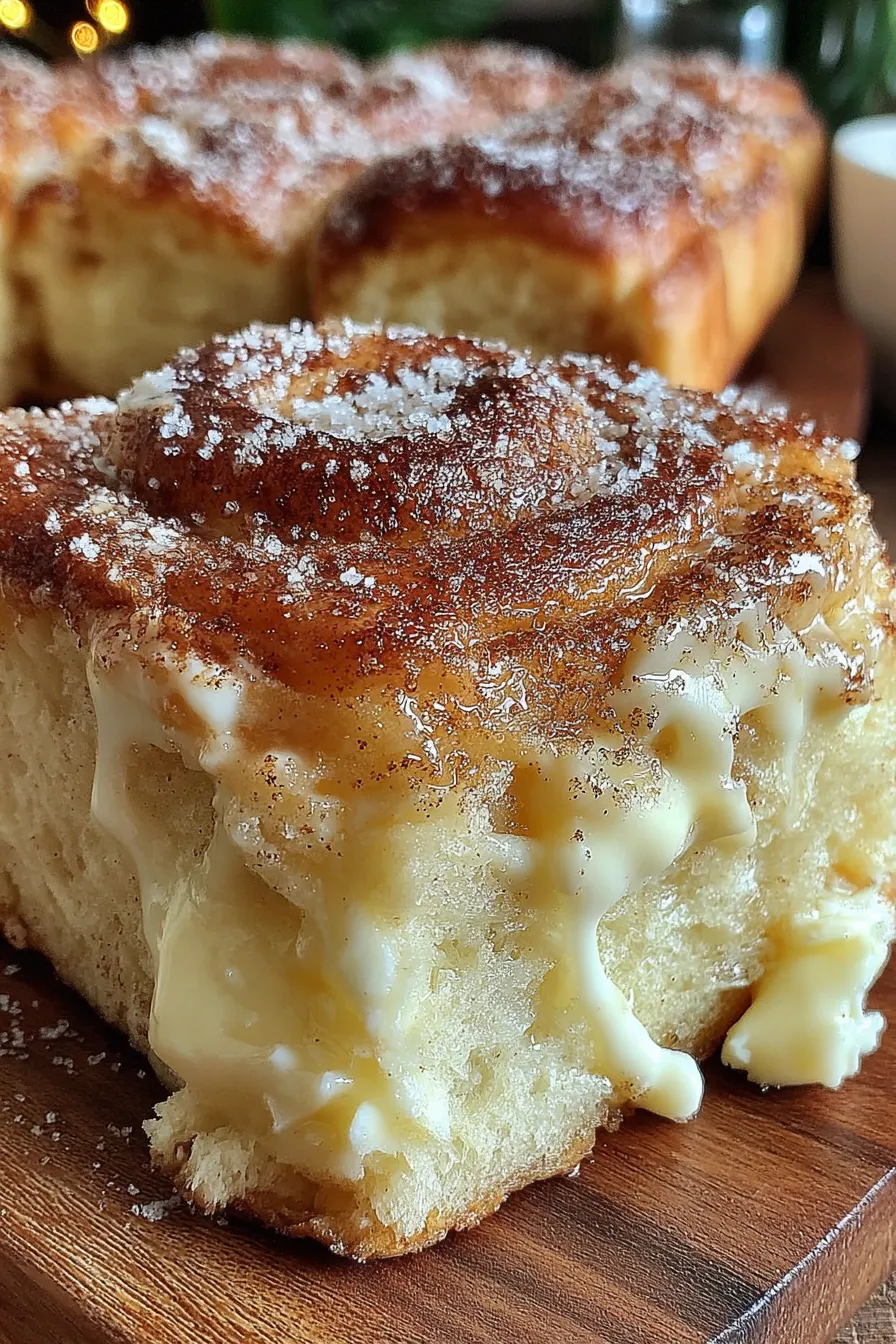 Close-up of a pulled-apart cream cheese roll revealing the filling