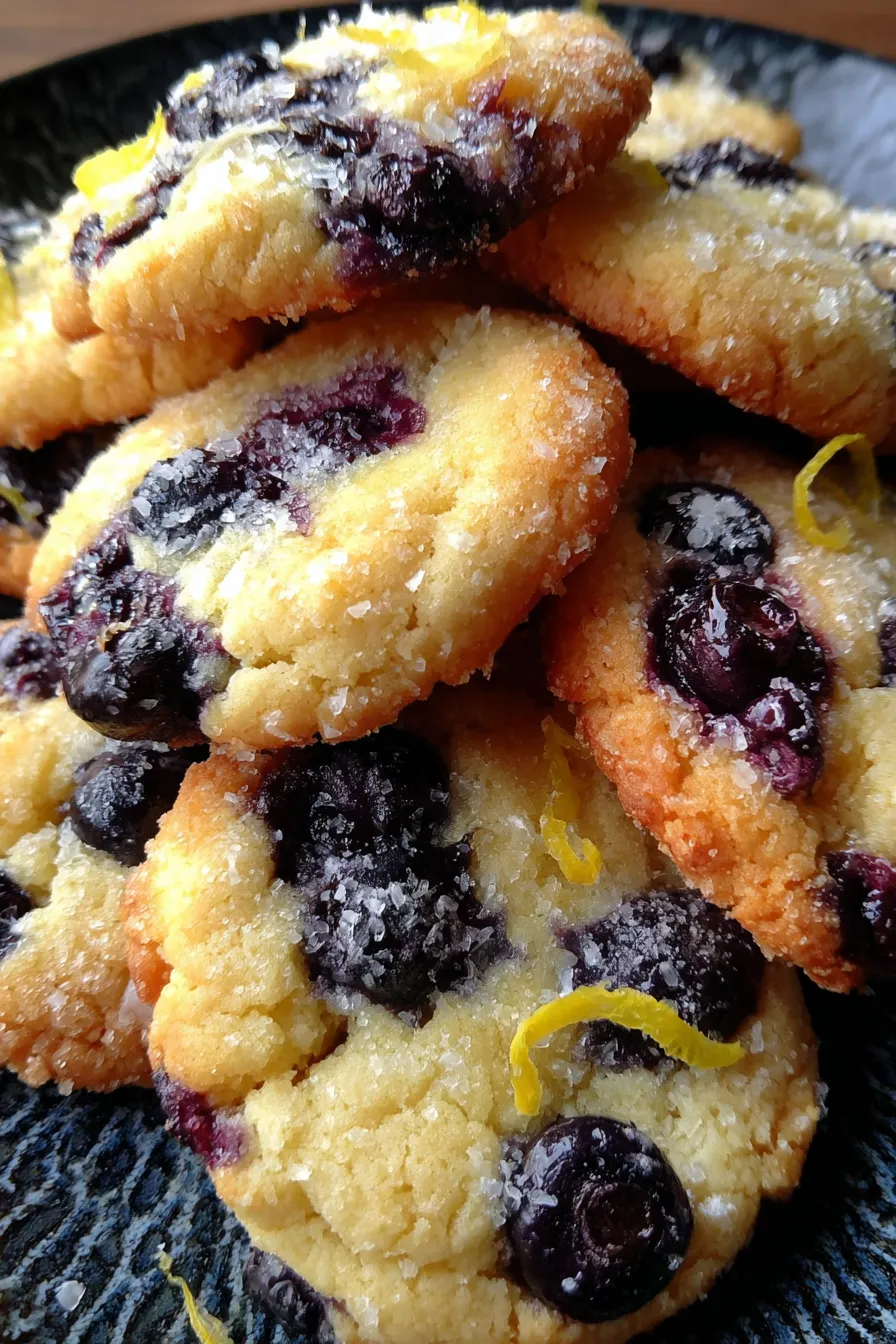 Freshly baked blueberry muffin cookies on a tray with streusel topping