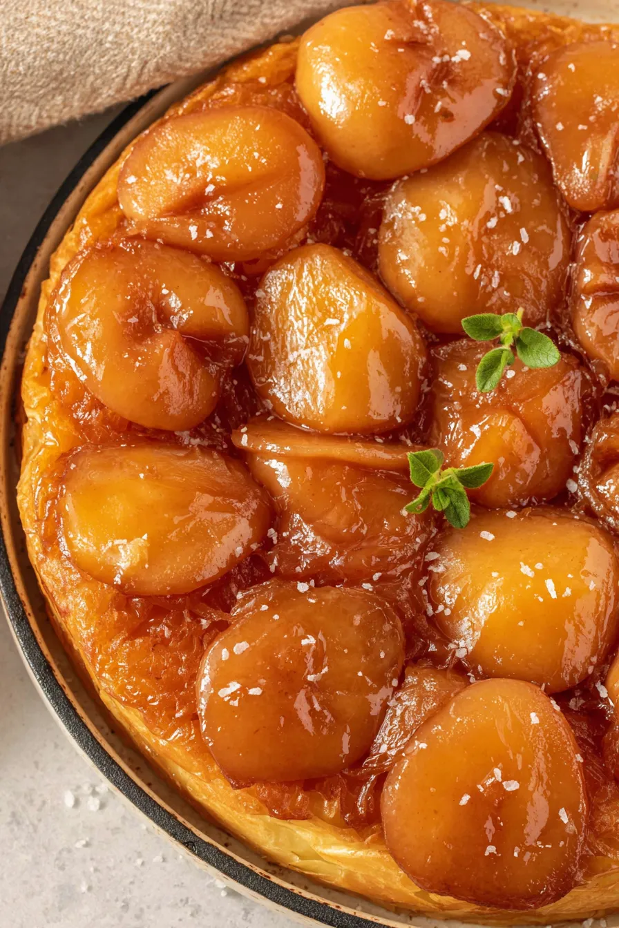 Close-up of apple tarte tatin with caramel glaze