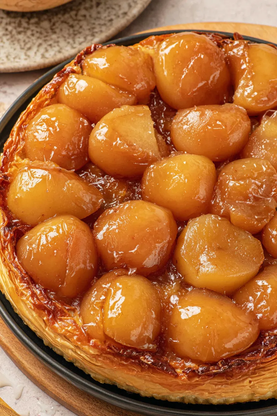 Baked tarte tatin cooling in skillet with puff pastry