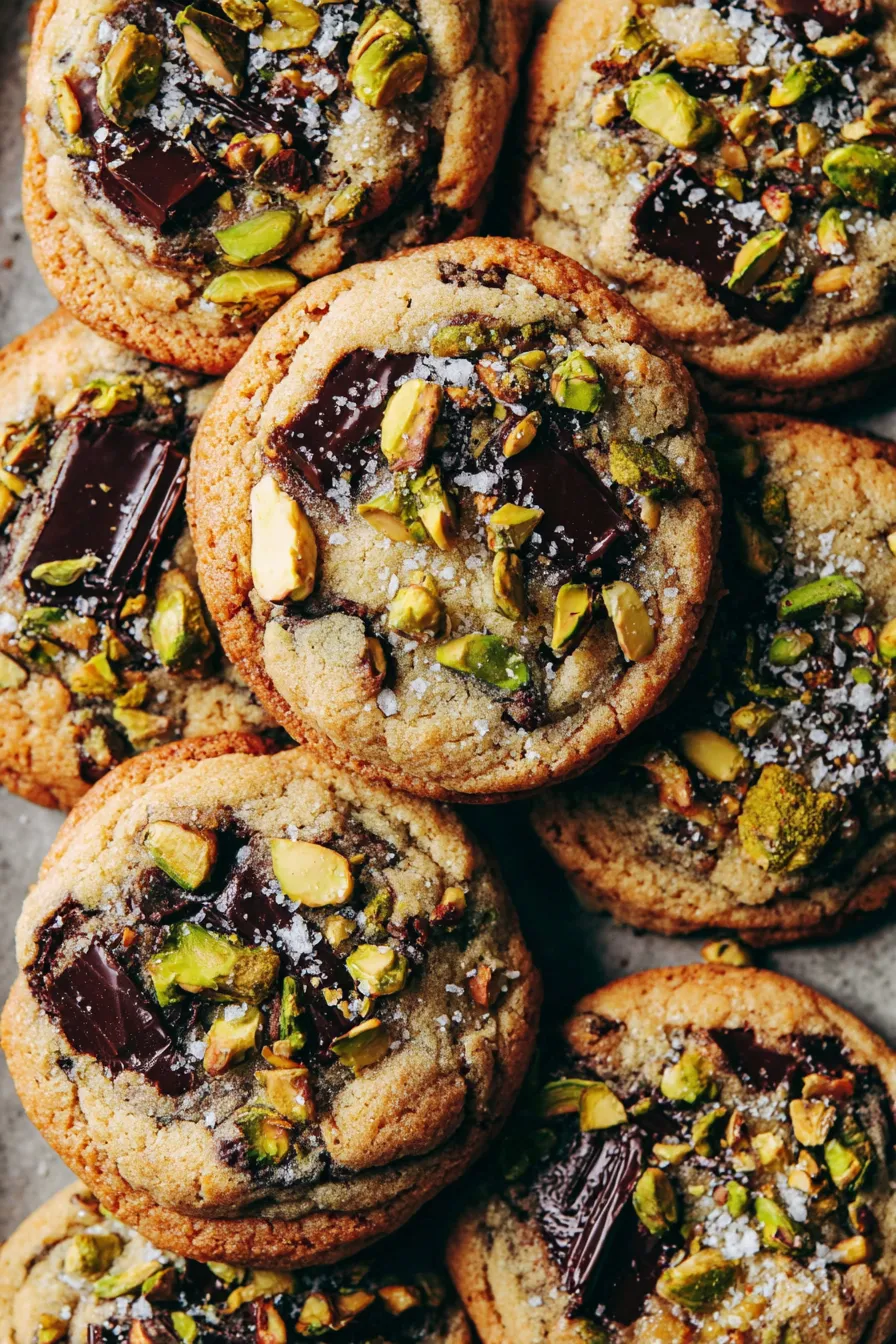 Tray of dark chocolate chunk pistachio cookies fresh from the oven