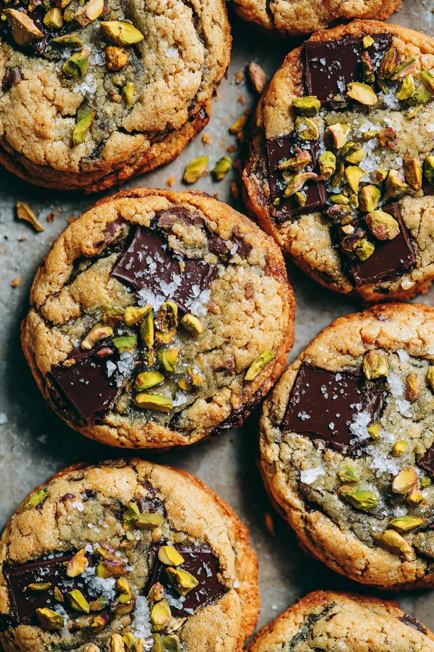 Close-up of a cookie broken in half showing chocolate melts and pistachio bits