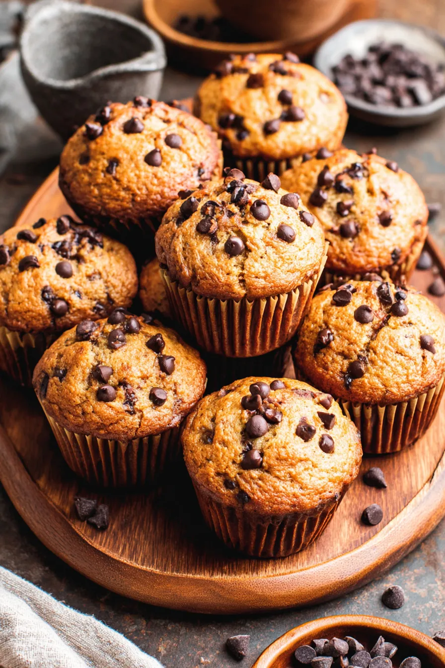 fresh banana chocolate chip muffins cooling on a rack