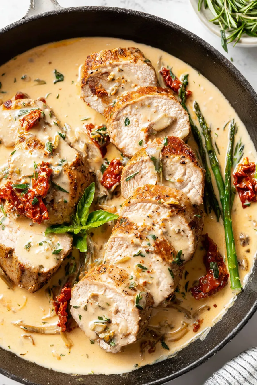 Close-up of creamy sauce with sun-dried tomatoes and basil