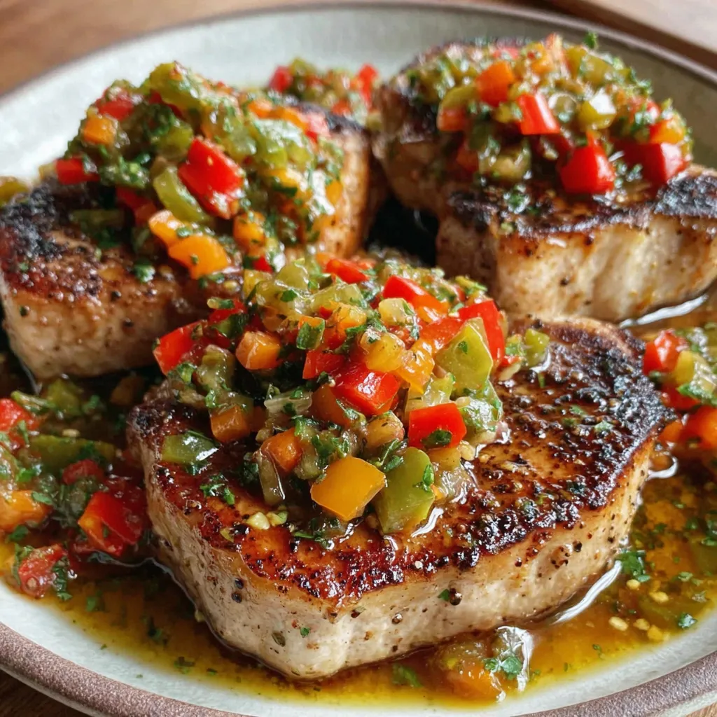 Peppercorn Pork Chops with Warm Pickled Pepper Relish