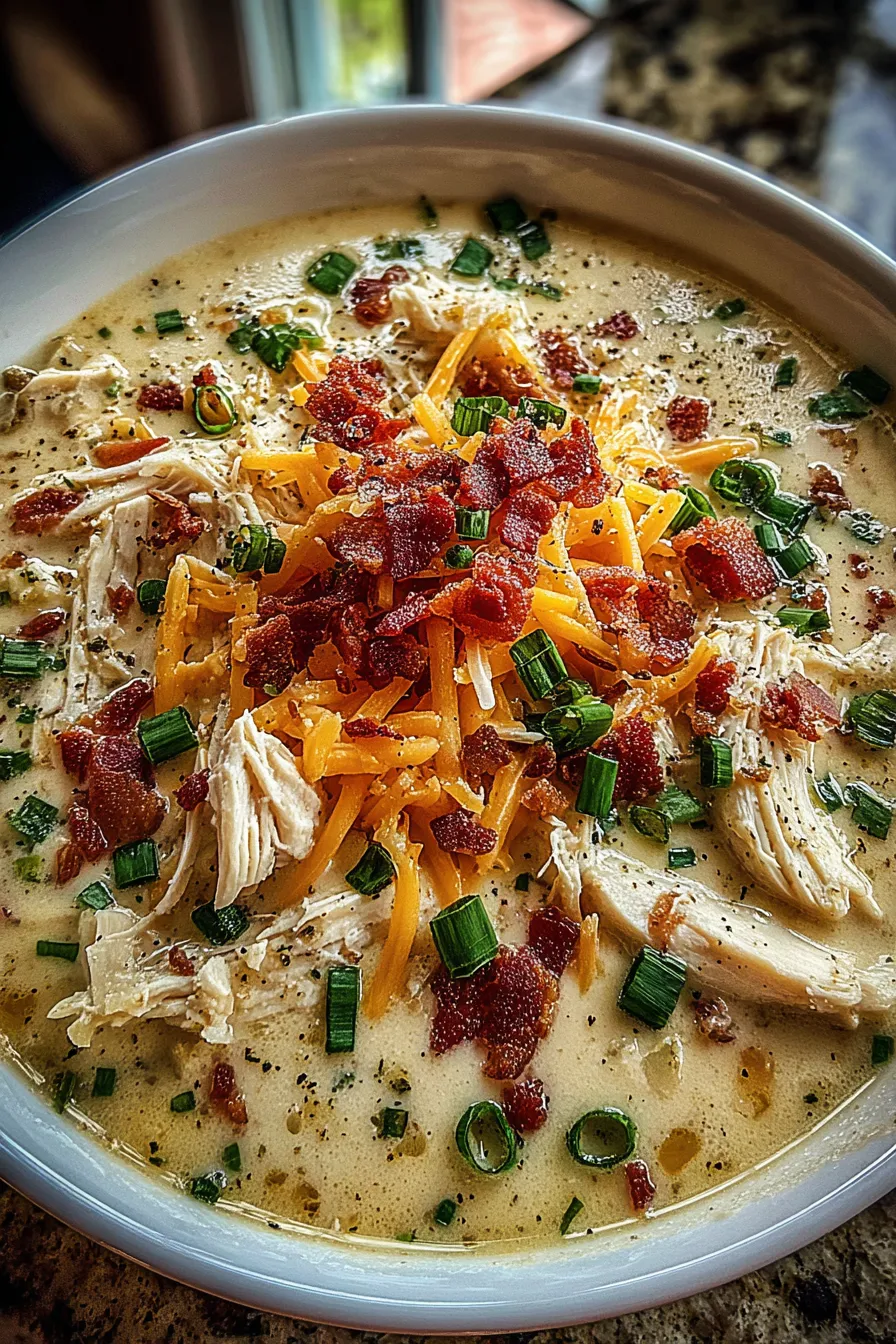 Bowl of creamy chicken bacon soup with chives and bacon garnish