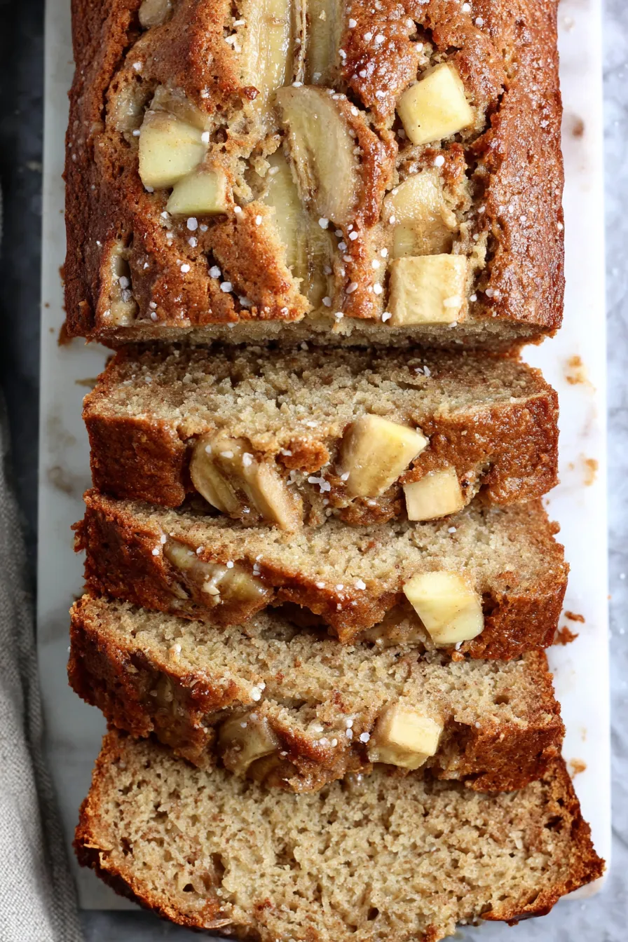 Loaf of Apple Cinnamon Banana Bread cooling on a rack