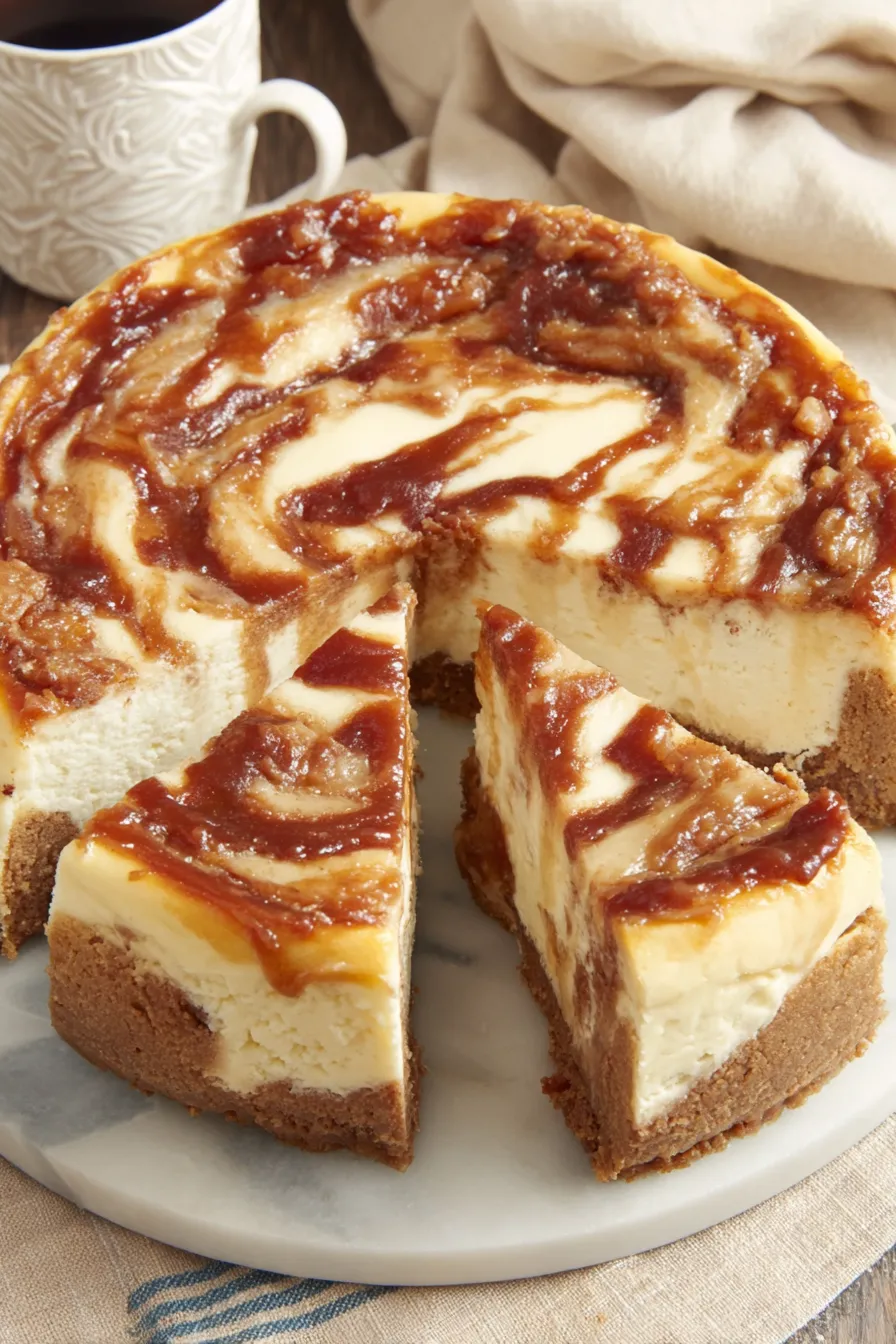 Slice of apple butter cheesecake served on a plate