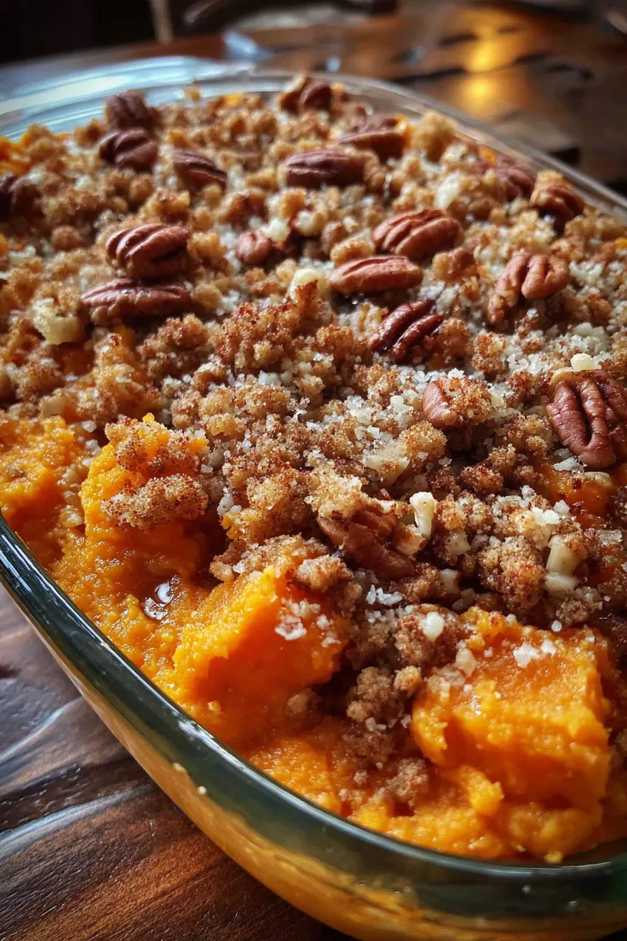 Maple pecan sweet potato casserole fresh from oven