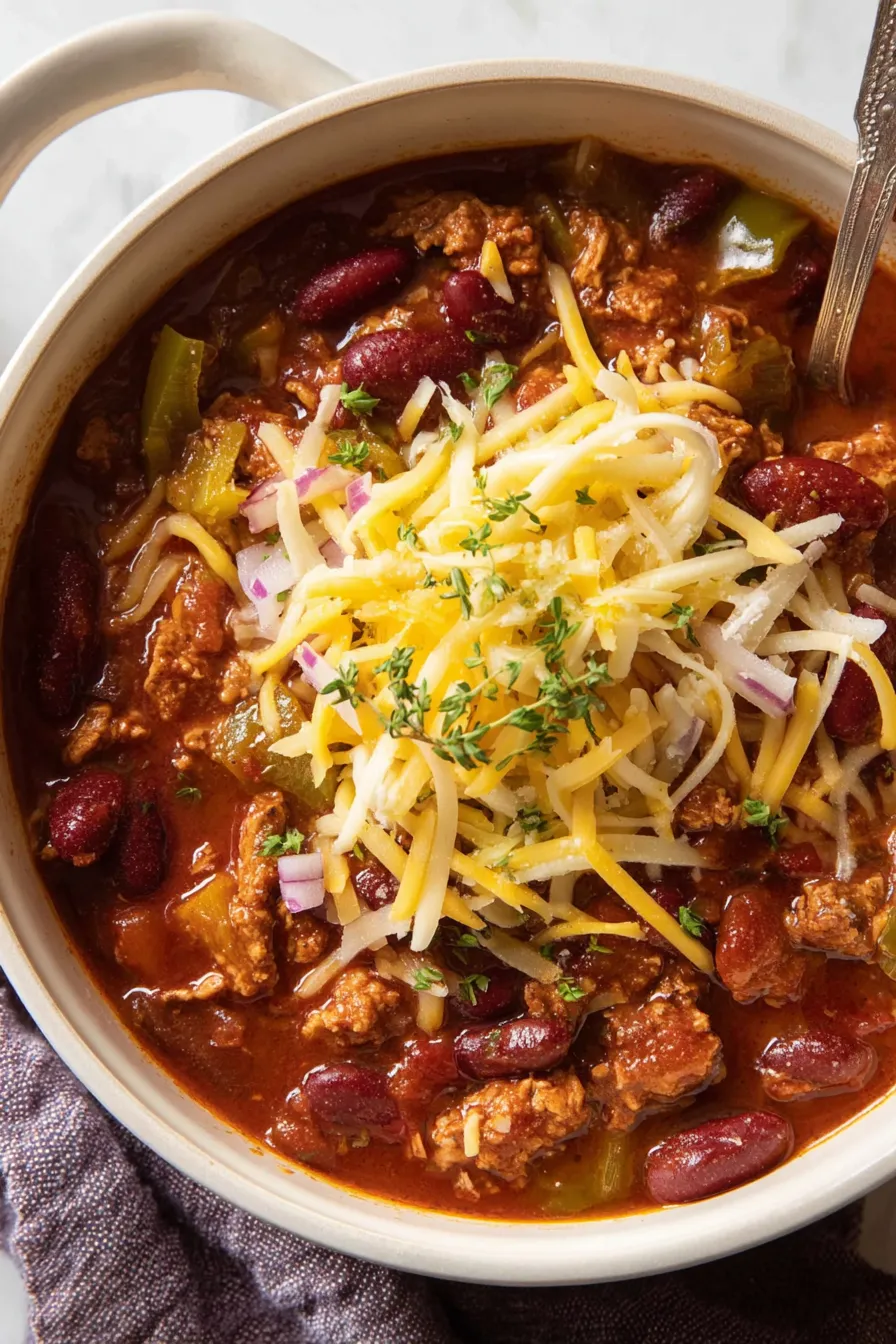 Hearty bowl of turkey chili with cheese