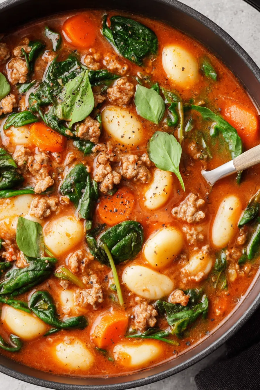 Sausage gnocchi soup simmering in a pot