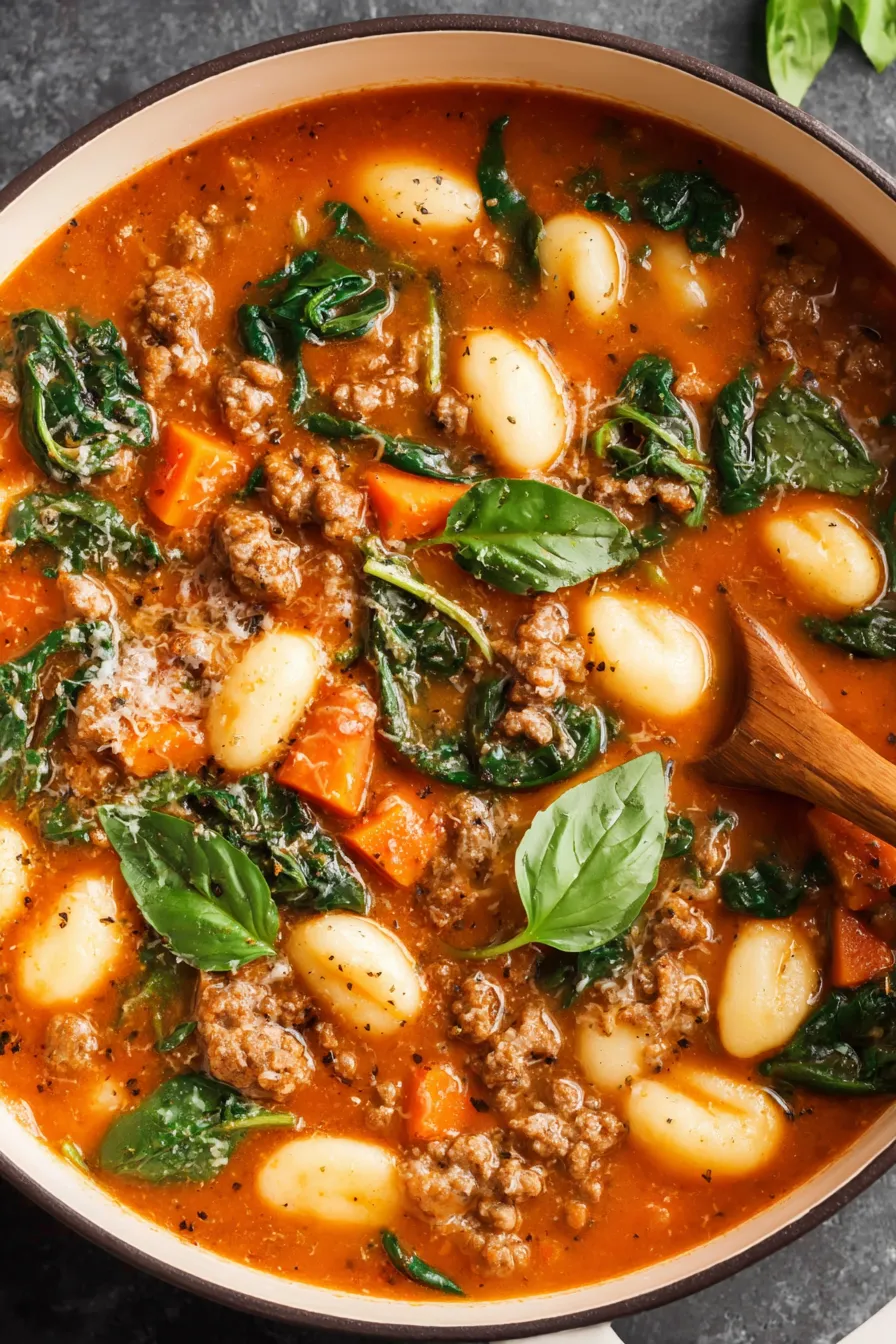 Bowl of sausage gnocchi soup garnished with basil