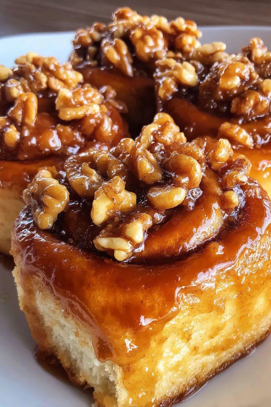 Sticky buns fresh from the oven with maple walnut topping