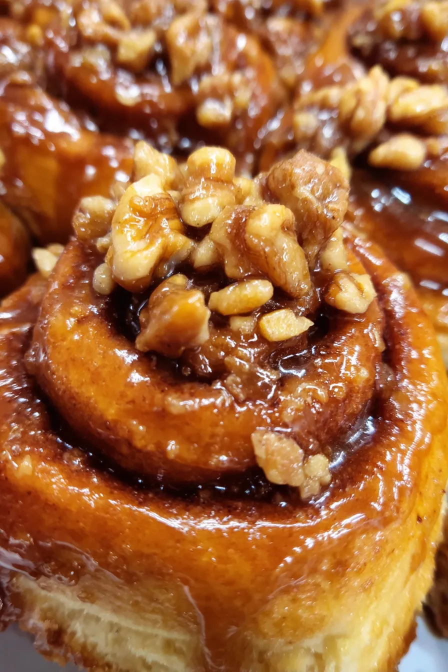 Close up of maple glaze dripping over a sticky bun