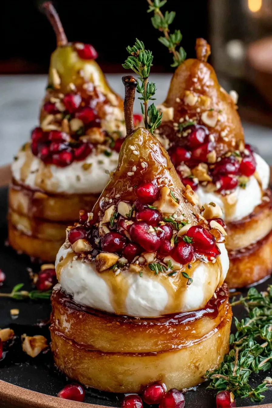 Caramelized pear and burrata stacks on a serving plate