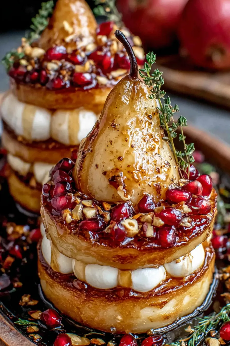 Close-up of pear slices with pomegranate and thyme garnish
