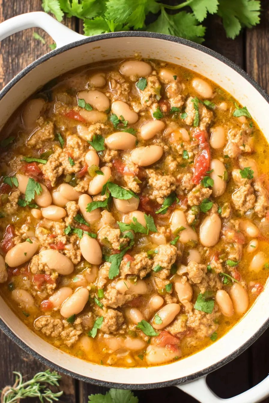 Bowl of white bean turkey chili with cilantro and lime