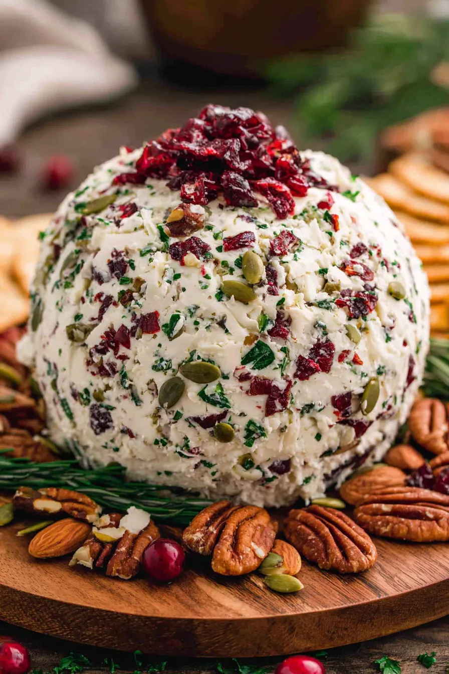 Cheese ball on wooden board with crackers