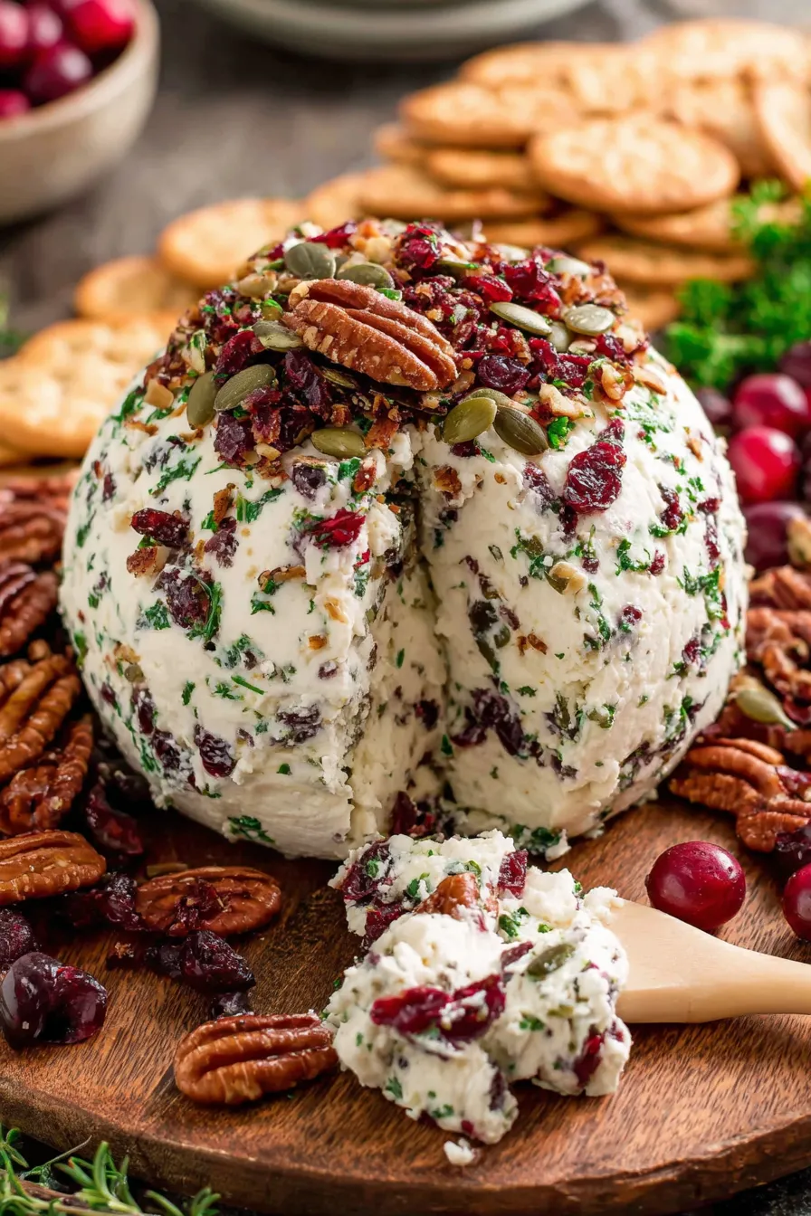 Close-up of cheese ball coating with pecans and cranberries