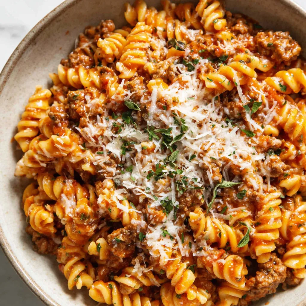 One-Pot Rotini Pasta with Beef and Cheese
